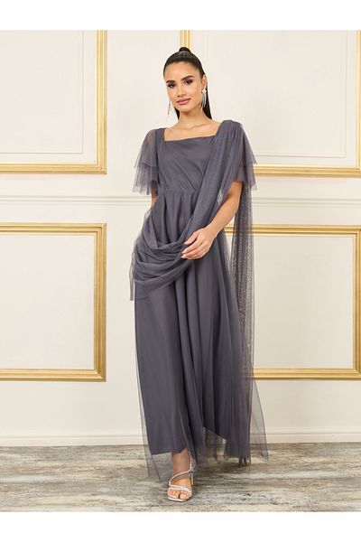 Styli Drape Mesh Insert Square Neck A-line Maxi Dress