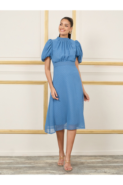 Styli فستان دوبي متوسط ​​الطول بأكمام بالونية ورقبة عالية على شكل حرف A