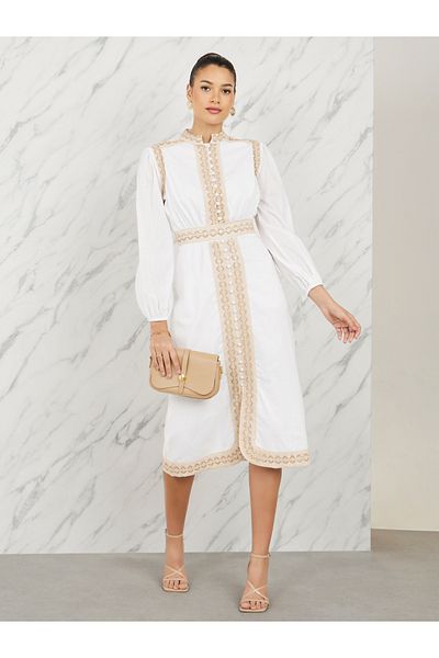 Styli Embroidered Lace Button Loop Closure Midi Dress