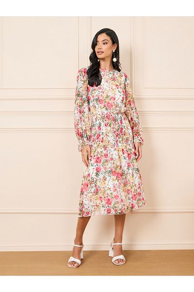 Styli Floral Print Smocked Waist Detail A-Line Midi Dress