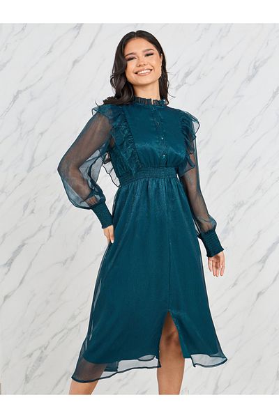 Styli Shiny Organza Frill Detail High Neck A-Line Midi Dress