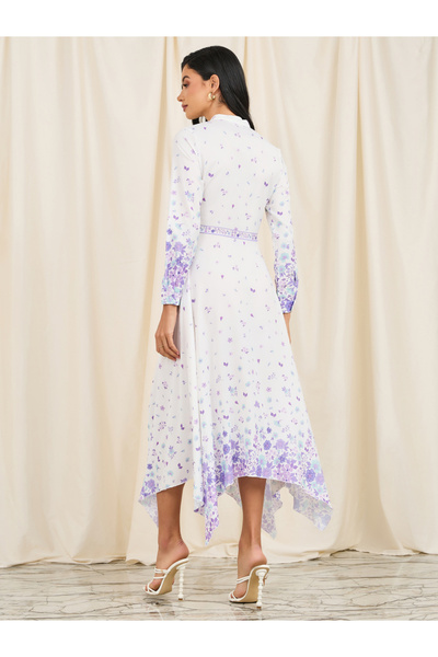 Styli Floral Print Handkerchief Hem Shirt Midi Dress