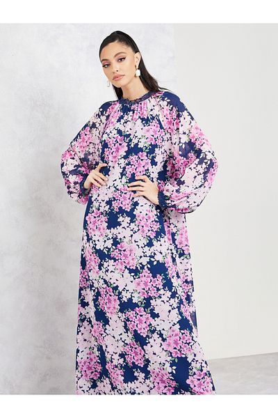 Styli Lace Detail Floral Print Shift Maxi Dress