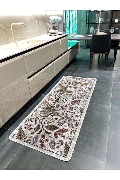 Brillant Çiçek Desenli Lateks Deri Taban Kitchen Mutfak Halısı GRİ
