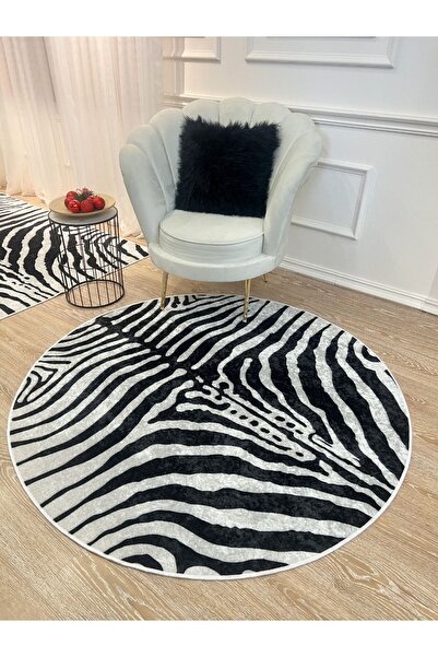 Brillant Zebra Desenli Yuvarlak Siyah - Gri Dekoratif Halı