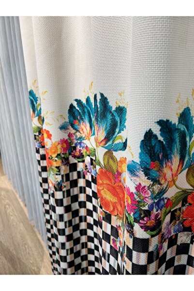 Brillant Pilesiz Ekstraforlu Damalı Çiçekli Fon Perde - Bej-siyah