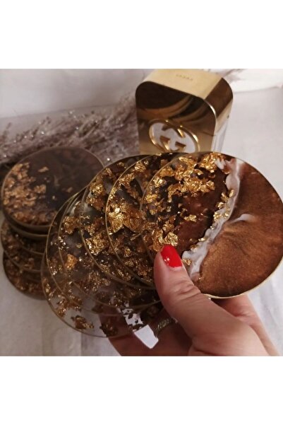 Sultan Tasarım مجموعة من 4 قواعد أكواب إيبوكسي بأوراق ذهبية