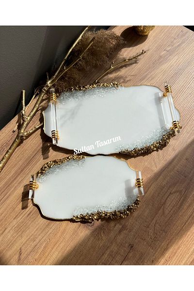 Sultan Tasarım Gold Leaf Wavy Two Size Promise Engagement Groom Epoxy Presentation Tray Set