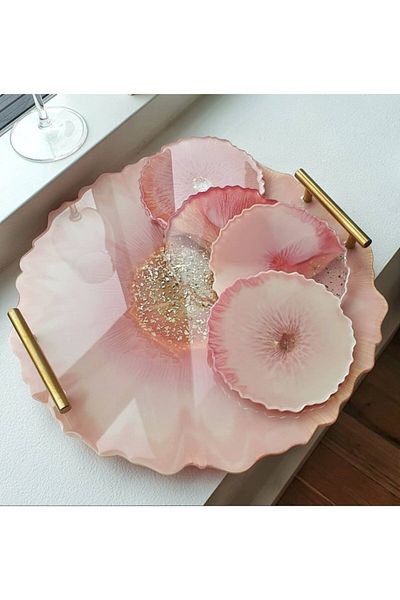 Sultan Tasarım Gold Stoned Round Wavy Promise Engagement Groom Epoxy Presentation Tray Coaster Set for Two