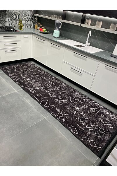 Brillant SİYAH Renk Etnik Desenli Lateks Taban Mutfak Halısı
