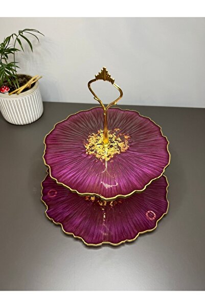 Sultan Tasarım İki Katlı Altın Varaklı Sedef Efektli Sunumluk Kurabiyelik Mey...