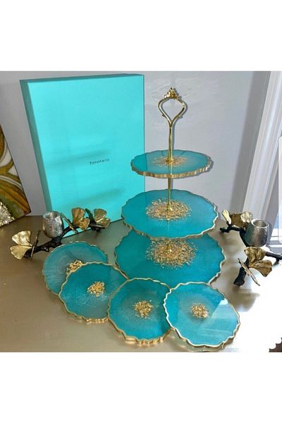 Sultan Tasarım Epoxy Beauty Dowry Set Coasters Presentation Three Tier Cookie Holder Set