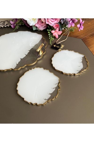 Sultan Tasarım Round Wavy Patterned Epoxy Presentation Tray Coaster Set for Two Promise Engagement Groom