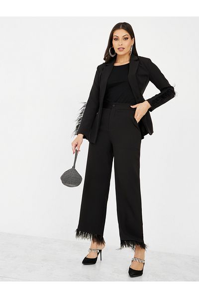 Styli Faux Feather Trim Straight Leg Trousers