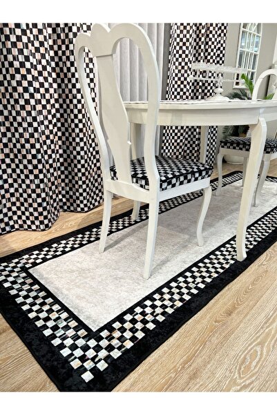 Brillant Pilesiz Ekstraforlu Damalı Fon Perde - Bej-siyah