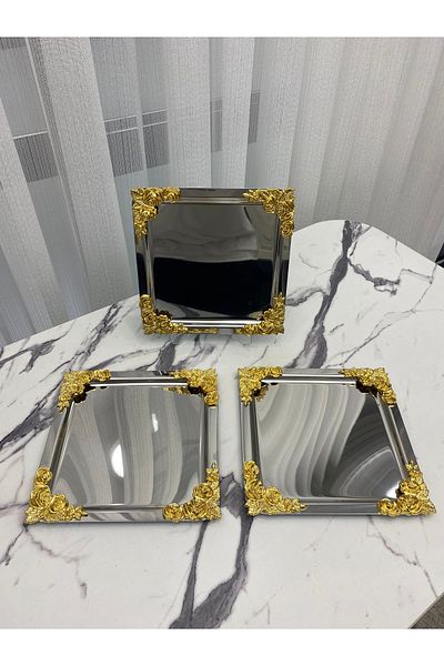 Aslı Hediyelik Luxury 3-piece 4-corner Flower Patterned Silver Plated Model - Tea, Coffee, Treat Serving 21x21