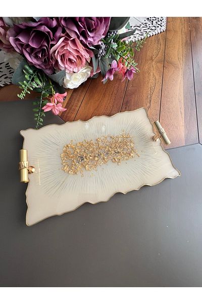 Sultan Tasarım Gold Leaf Rectangular Wavy Patterned Promise Engagement Groom Epoxy Presentation Tray for Two
