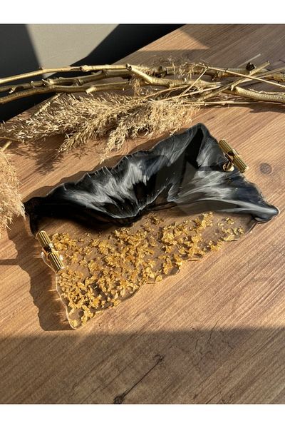 Sultan Tasarım Gold Leaf Rectangular Wavy Patterned Promise Engagement Groom Presentation Epoxy Tray for Two