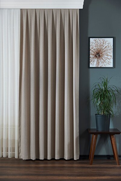 ELENOR Açık Vizon Düz Fon Perde ErguvanPilesiz - Büzdürmeli Ekstrafor