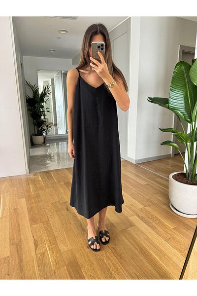 BRGCLOTHING Lyocell Fabric Look Rochie lungă lejeră cu bretele subțiri cu decolteu în V