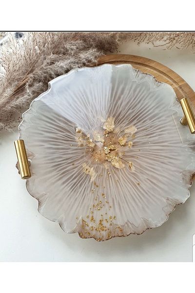 Sultan Tasarım Gold Leaf Round Wavy Patterned Promise Engagement Groom Epoxy Tray for Two - 26 Cm Diameter