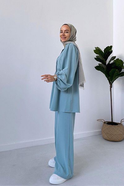 Ka Hijab Blue Balloon Sleeve Pleated Set