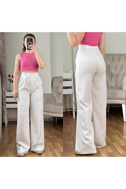 Livik Tess White 90s Loose - High Loose, Double Button Palazzo Trousers