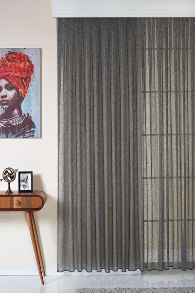 ELENOR Haki Keten Görünümlü Ütü Gerektirmez Kırçıl Efektli Tül Perde - Lima -...