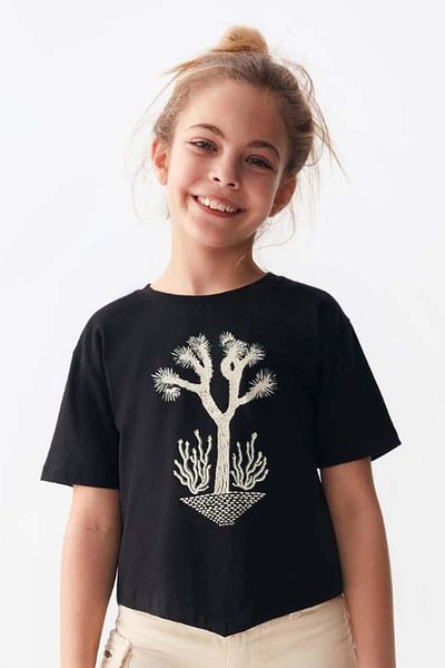 Riccotarz Girl's Tree Pattern Printed Short Sleeve T-Shirt Cargo Pocket Cream Trousers Bottom Top Set