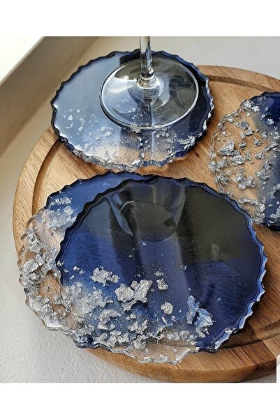 Sultan Tasarım Set of 4 Epoxy Coasters with Silver Leaf