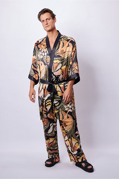 Dear Deer Bloomy Black Kimono and Pants Set