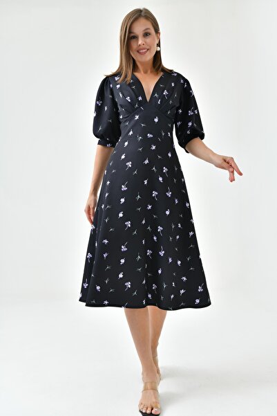 4S1B FASHION Black V-Neck Midi Floral Evening Dress - Short Balloon Sleeve, Flared Cut Homecoming Dress 153