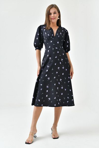 4S1B FASHION Black V-Neck Midi Floral Evening Dress - Short Balloon Sleeve, Flared Cut Homecoming Dress 153