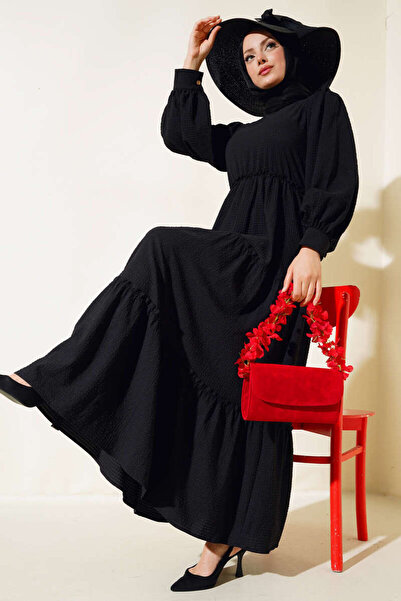 HARMONY GLOBAL KADIN Siyah Lastikli Bel Kat Kat Gofre Kumaş Tesettür Elbise 3033