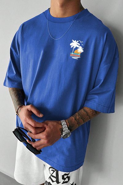 MODAGEN Νέο ανδρικό μπλουζάκι με στάμπα Brooklyn Oversize Blue Crew Neck