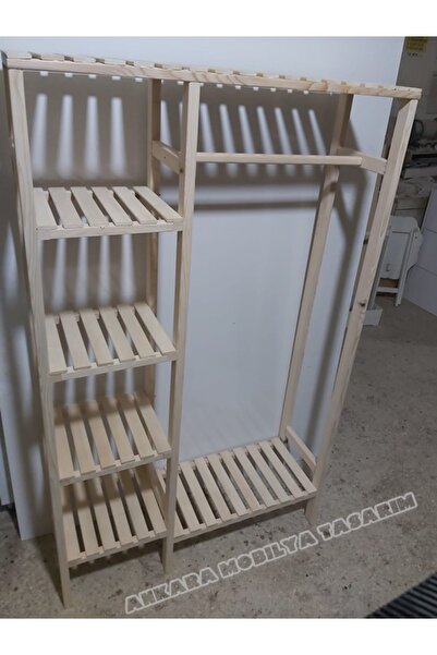 Tasarım Ahşap Ayaklı Askılı Raflı Çok Amaçlı Elbise Dolabı 160 x 96