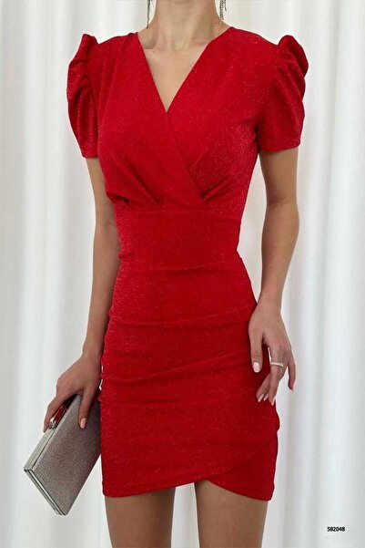 vuvutasarım New Season Mini Evening Dress - Lurex Crepe Fabric, Double Breasted Collar, Short Sleeve Homecoming Dress