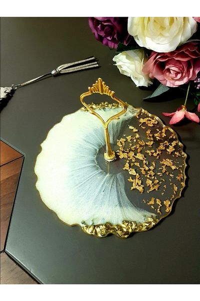 Sultan Tasarım Single Layer Gold Gilded, Mother-of-Pearl Effect, Stoned Presentation, Cookie Holder, Fruit Bowl, 25 Cm