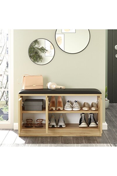 L'occi Concept Linda 90cm Puflu Oturaklı Ayakkabılık 3 Kapaklı Dolap Keçe LN2-KE