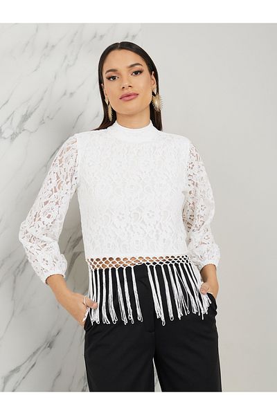 Styli All Over Lace High Neck Tassel Hem Blouse