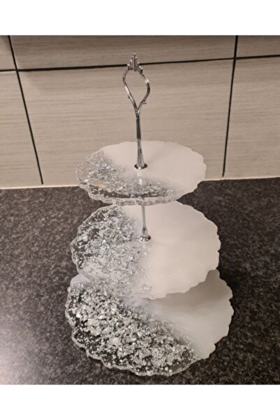 Sultan Tasarım Epoksi Üç Katlı Gümüş Varaklı Stantlı Sunumluk Kurabiyelik Meyvelik