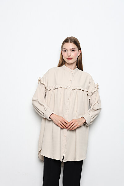 İKLİM LİFE تونيك طويل بلون الحجر - كشكش على الصدر والكتف