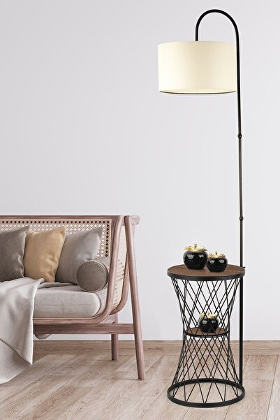 Begüsa Evsa Sehpa Lambader Siyah Ceviz Ahşap Krem Şapka