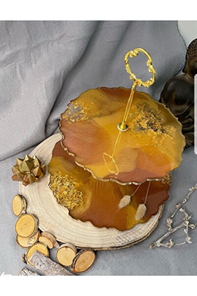 Sultan Tasarım Epoksi Iki Katlı Alın Varaklı Stantlı Sunumluk Kurabiyelik Mey...