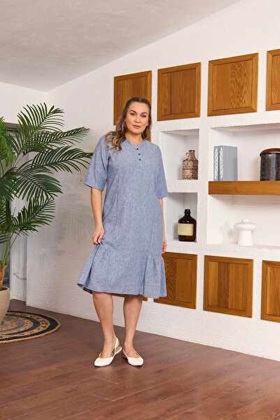 RMG Eteği Fırfırlı Hakim Yaka Büyük Beden İndigo Elbise