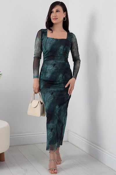 PULLIMM Rochie din tul cu decolteu pătrat cu mâneci lungi - AP-108