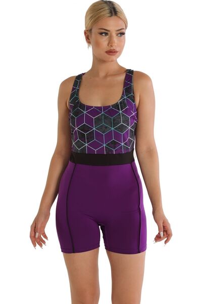 Argisa Modeled Swimming Swimsuit with Patterned Shorts 6526 Purple Plus Size