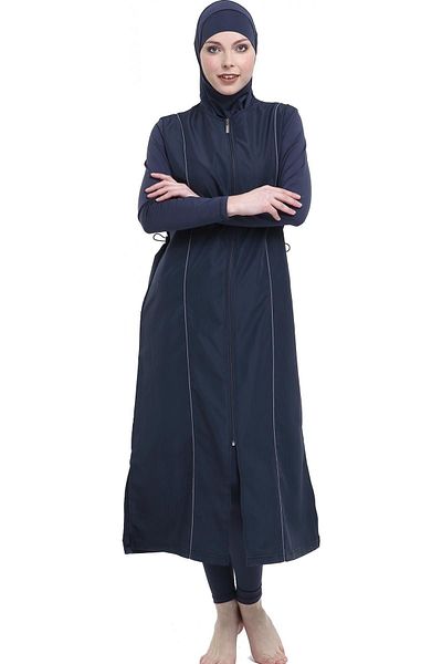 Argisa Women's Anthracite Piping Long Fully Covered Hijab Swimsuit