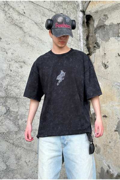 serline Acid Wash Minimal Nakış Baskılı Oversize T-shirt