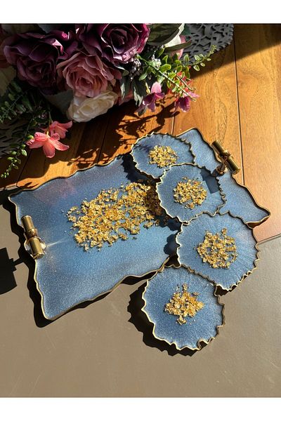 Sultan Tasarım Gold Leaf Wavy Patterned Epoxy Presentation Tray Coaster Set for Two Promise Engagement Groom